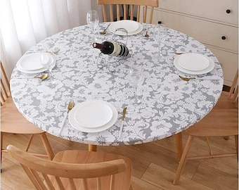 Waterproof Round Tablecloth: Elastic Edged PVC Cover - Grey Floral (114x142cm)