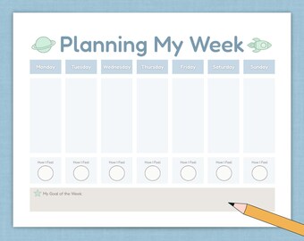 Planning My Week Printable | Kids Weekly Planner | Simple Calendar for Kids | Space Theme