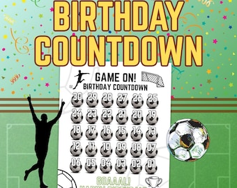 Cuenta regresiva imprimible para cumpleaños de fútbol / Tabla de 30 días para niños / Actividad de cumpleaños deportiva