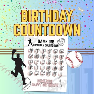 Compte à rebours d'anniversaire de baseball imprimable | Graphique de 30 jours pour enfants | Activité sportive d'anniversaire