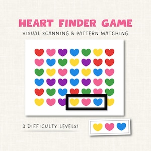 May include: A white card game with the text "HEART FINDER GAME" and "VISUAL SCANNING & PATTERN MATCHING". The game features rows of colourful hearts and a matching section. The text "3 DIFFICULTY LEVELS!" is also present.
