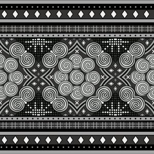 May include: A monochrome repeating pattern in grey and white. The design incorporates spiral and diamond shapes, along with cross-like and grid elements. The pattern is symmetrical and suitable for textiles or digital art.
