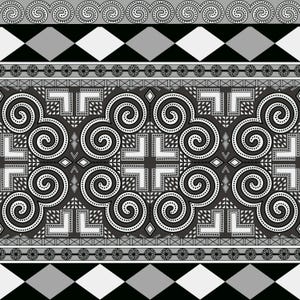 May include: A monochrome repeating pattern in grey, black, and white. The design incorporates geometric shapes such as spirals, diamonds, and squares. The symmetrical pattern has a tribal or ethnic appearance.