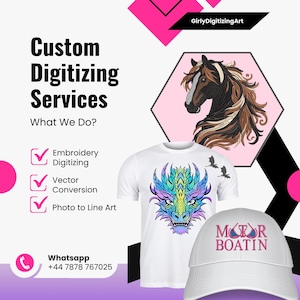 May include: An advertisement for custom digitizing services. The image features a white t-shirt with a colorful dragon design, a white baseball cap with "MOTOR BOATIN" text, and a horse head embroidery design. Text includes "Custom Digitizing Services" and service options.