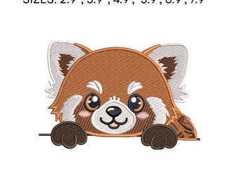 Desenho de bordado fofo de panda-vermelho, arquivo de bordado à máquina de panda-vermelho bebê, padrão kawaii de panda-vermelho espiando, download instantâneo de animal da floresta
