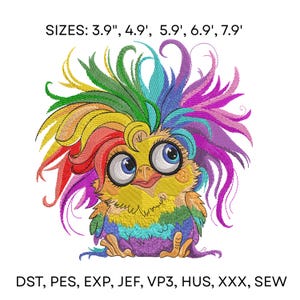 May include: A colorful embroidered design of a cartoon bird with large eyes and a rainbow-colored crest. The bird's body is yellow, with rainbow-colored feathers. The design is available in sizes ranging from 3.9" to 7.9".