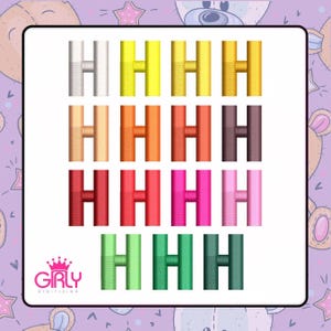 May include: A collection of embroidered letter "H" designs in various colors, including white, yellow, orange, red, pink, and green. The "Girly Digitizing" logo is in the lower left corner. These designs are suitable for embroidery projects.