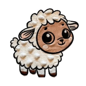 Puede incluir: Un parche de oveja de dibujos animados con un cuerpo blanco y esponjoso y una cara marrón claro. La oveja tiene ojos negros grandes, orejas pequeñas y pezuñas marrones. El parche está delineado en negro.