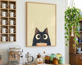 Japanese Cat Wall Art, Ramen Cat Print, Oishii Cat Poster, Cute Japanese Kitchen Decor, Black Cat Printable, Foodie Wall Art