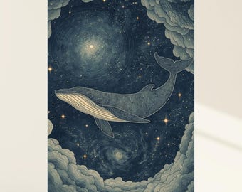 Cosmic Whale Art Print, Celestial Galaxy Nautical Fantasy Decor (Digital Download), Code#078