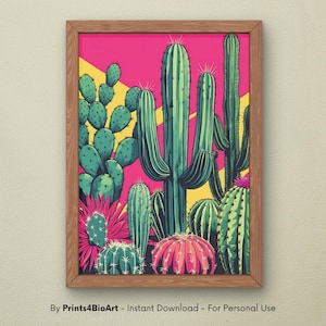 May include: A framed art print featuring a vibrant illustration of various cacti. The artwork showcases a vivid color palette with a pink background, yellow accents, and green and pink cacti. The text "By Prints4BioArt - Instant Download - For Personal Use" is at the bottom.