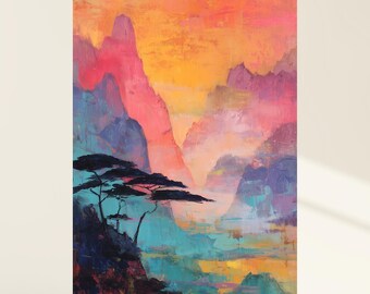 Misty Mountain Sunset Art Print, Asian Landscape Wall Decor (Digital Download), Code#090