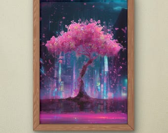 Cyber Cherry Blossom Art Print: Futuristic Japanese Cityscape (Instant Download) | Code #022