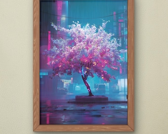 Neon Cherry Blossom Print: Cyberpunk Cityscape, Japanese Art (Digital Download) | Code #017