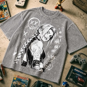 Jinx League of Legends Gaming T-shirt Sweatshirt Hoodie, Arcane-inspirerad Anime-tröja, Chaos Girl Gamer-present, Vintage tvättade unisexkläder.