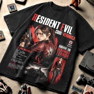 May include: A black short-sleeve t-shirt featuring a Resident Evil Code: Veronica graphic. The design includes Claire Redfield, the text "Survive the Deranged Terror," the Umbrella Corporation logo, and character profile details with measurements in kg.