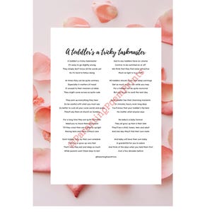 May include: A white rectangular print featuring the poem titled A toddler's a tricky taskmaster in black text. The poem is arranged in two columns with a watermark reading ParentingPoemPrints across the center. The print is centered on a pink background.