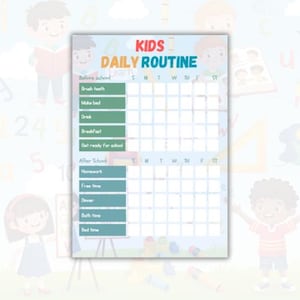 Könnte beinhalten: Eine farbenfrohe Kinder-Tagesroutine-Tabelle mit dem Text "KIDS DAILY ROUTINE". Die Tabelle enthält Abschnitte für Aktivitäten vor und nach der Schule, mit Platz zur Verfolgung täglicher Aufgaben. Das Design zeigt Cartoon-Illustrationen und einen hellblauen Hintergrund.