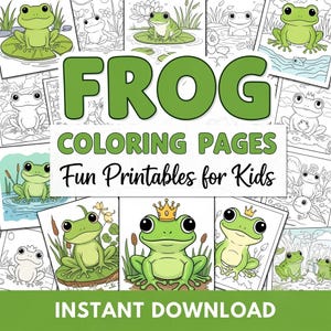 Frog Coloring Pages - Printable Kids Coloring Book PDF | 15 Cute Animal Designs Digital Download | Nature Art Activities for Children
