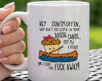 Grappige vloekende mok met kano-muffin cartoon, onbeschofte volwassen humor koffiekopje, cadeau voor beste vriend collega