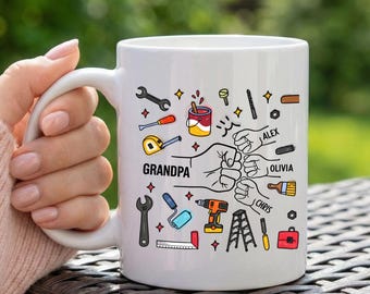 Taza personalizada para abuelo con nombres de niños, taza de café con ilustración de herramientas de manitas, regalo para abuelo