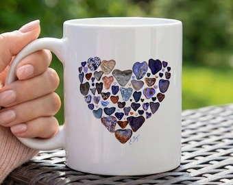 Taza de café con collage de corazones, diseño floral en azul y morado para mujer, regalo para ella, té matutino reconfortante