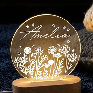 Personalized Name Night Light, Floral Wildflower Acrylic Lamp with Stars, Cute Kids Room Gift for Her or Baby