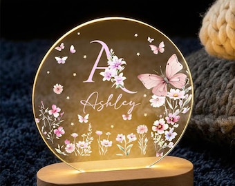 Personalized Butterfly Floral Night Light, Custom Name Acrylic LED Lamp for Girls Room, Birthday Gift for Her
