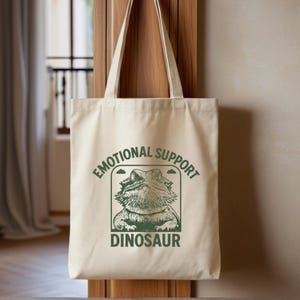 感情サポート恐竜プリントのキャンバストートバッグ、コットンブレンドの再利用可能なショッパー、書店図書館用キャリーオール、エコデイリーバッグ