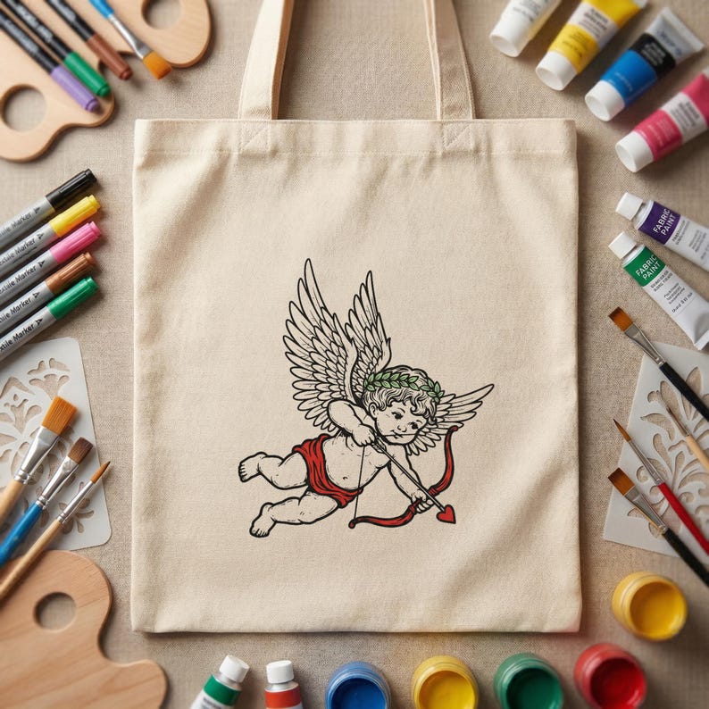 Bolsa de lona con estampado de ángel Cupido, reutilizable, regalo de San Valentín, para llevar a diario, bolsa ecológica con ilustración romántica. imagen 3