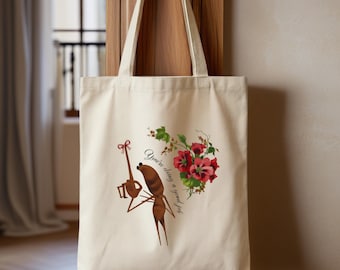 Katoenen canvas draagtas met viool en rode bloemenprint, herbruikbare schoudertas voor boodschappen, cadeau voor muziekleraar, oefentas voor orkest