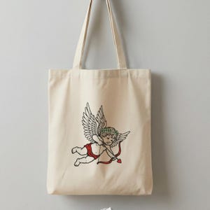Bolsa de lona con estampado de ángel Cupido, reutilizable, regalo de San Valentín, para llevar a diario, bolsa ecológica con ilustración romántica. imagen 2