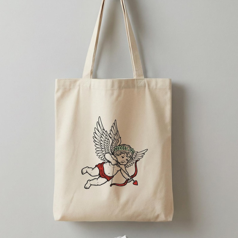 Bolsa de lona con estampado de ángel Cupido, reutilizable, regalo de San Valentín, para llevar a diario, bolsa ecológica con ilustración romántica. imagen 2