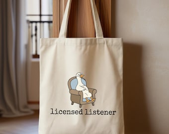 Bolsa de lona con estampado de pato de oyente autorizado, bolsa de compras reutilizable de mezcla de algodón para terapeutas, consejeros, profesores y recados de oficina.