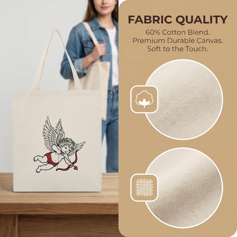 Bolsa de lona con estampado de ángel Cupido, reutilizable, regalo de San Valentín, para llevar a diario, bolsa ecológica con ilustración romántica. imagen 5