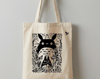 Bolsa de lona con estampado de Totoro Forest Line Art, 60 % algodón, ideal para llevar al hombro, reutilizable, inspirada en el anime.