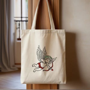 Bolsa de lona con estampado de ángel Cupido, reutilizable, regalo de San Valentín, para llevar a diario, bolsa ecológica con ilustración romántica. imagen 1