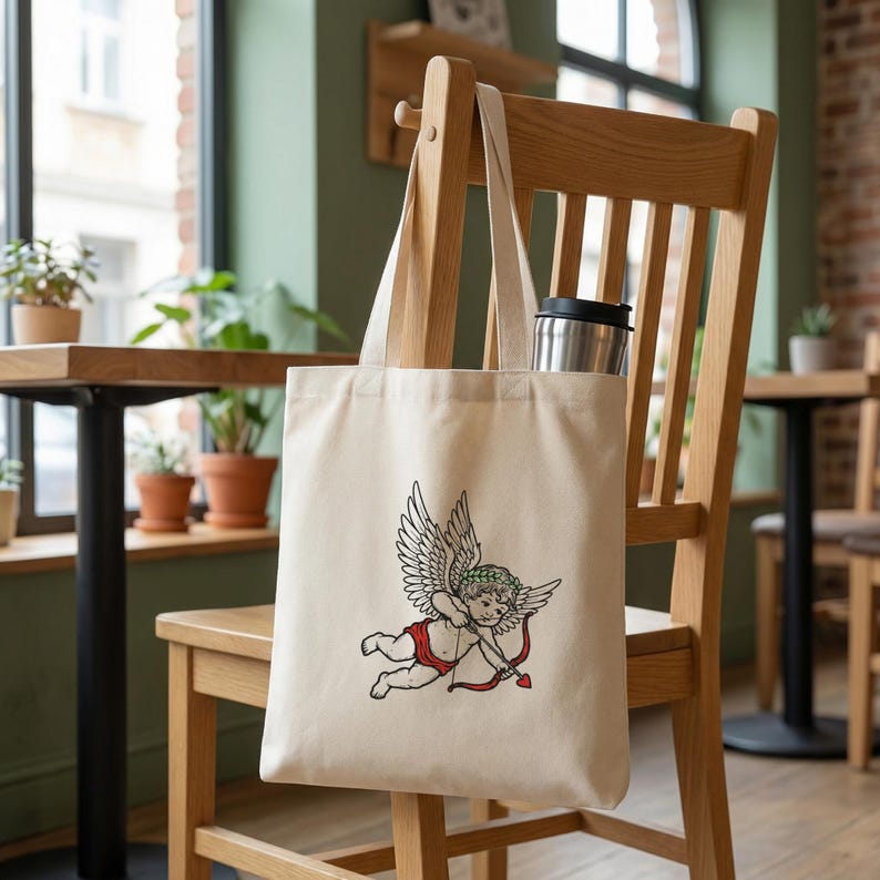 Bolsa de lona con estampado de ángel Cupido, reutilizable, regalo de San Valentín, para llevar a diario, bolsa ecológica con ilustración romántica. imagen 4