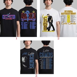 May include: A collection of black and white t-shirts featuring the text "Luke Combs" and tour information. One shirt has a neon sign design, another features a silhouette, and the third has a portrait of the artist.