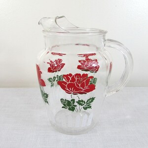 Vintage Red Rose Glass Pitcher: Mid-Century Picket Fence Design