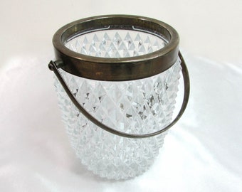 Vintage Indiana Glass Ice Bucket Diamond Point & Silver plate rim - Made in England