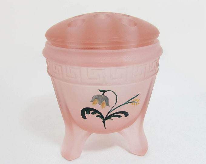 Vintage Greek Key Pink Glass Flower Frog & Vase With Hand Painted Flowers L E Smith Etsy