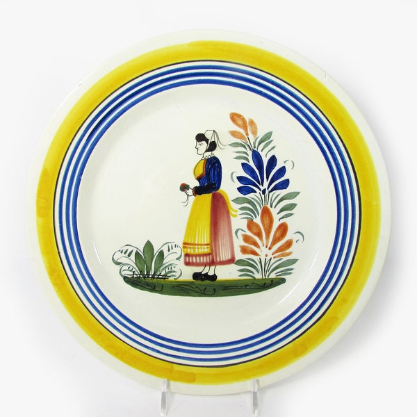 Vintage Quimper 10" Plate - Breton Woman - blue & red