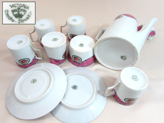 Antique Czech Demitasse Coffee Set by Victoria | Pink Rose