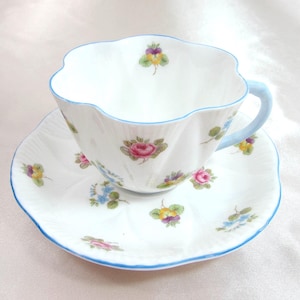 Shelley Cup and Saucer - Vintage English China - Rose, Pansy, Forget Me Not - Multi-color with blue edge