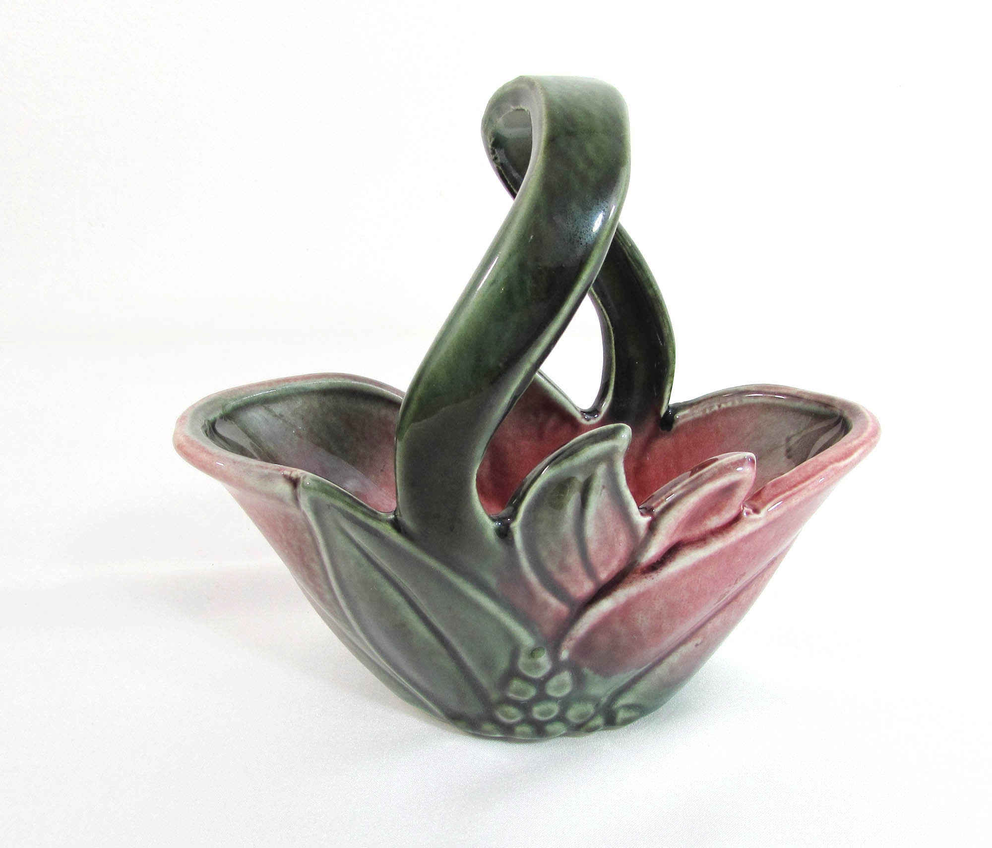 Vintage Burgundy & Green Ceramic Basket Leaves and Berries Etsy