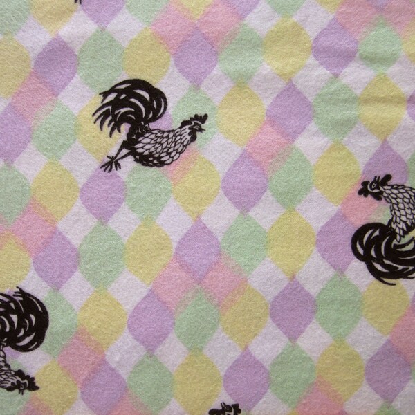 1950s Novelty flannel fabric - 36" x 1.75+ yds rooster on pastel colors