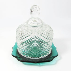 Vintage Pressed Glass Dome Butter Dish - clear with green base - 5.25&quot; H - 5&quot; D