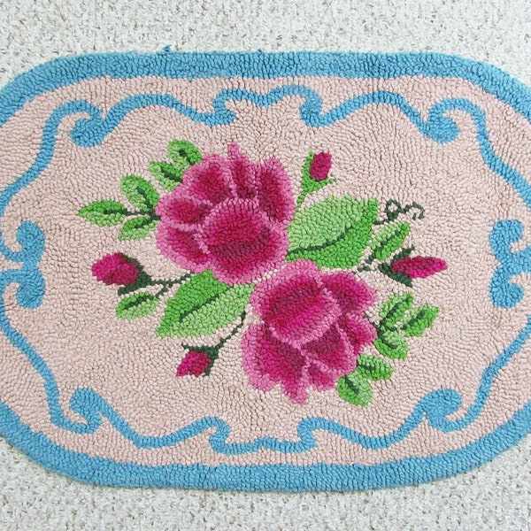 Vintage Hand Hooked Wool Rug - Oval 37 x 24 - Pink & Burgundy flowers - Turquoise border colorful rug