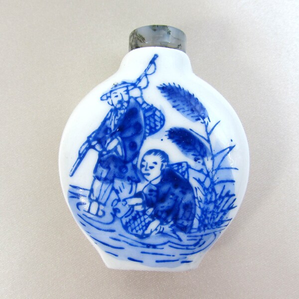 Vintage Chinese Porcelain Snuff Bottle 2.25" - Blue & White Fisherman - Chinese characters - Agate lid with scoop